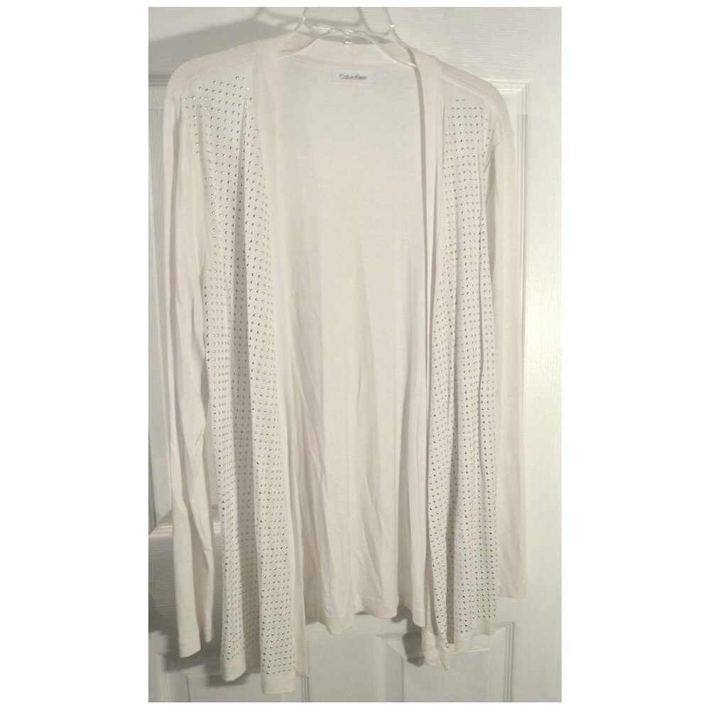 Calvin Klein Silver Beaded White Women's Open Cardigan Blouse Long Sleeve Sz L